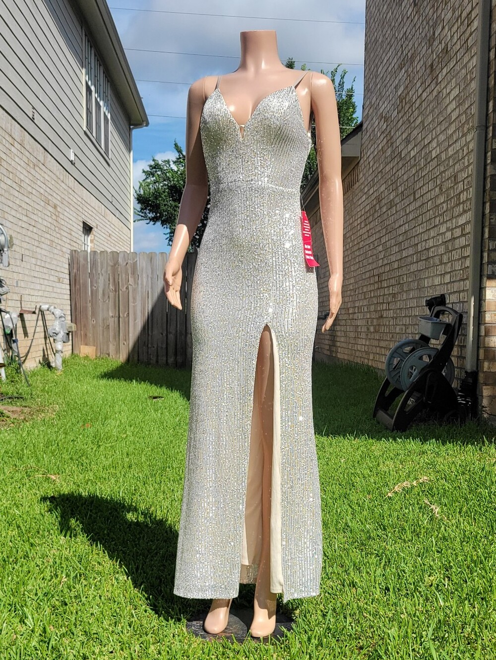 Speechless Silver Sequin V-Neck Spaghetti Strap Dress with Front Slit